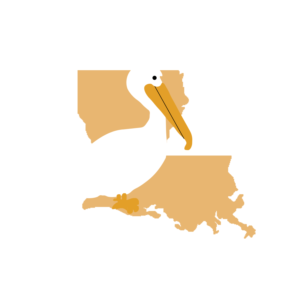 A drawn logo depicting a white pelican over the shape of the state of Louisiana in gold